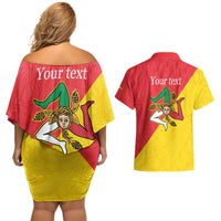 Personalized Italy Sicily Couples Matching Off Shoulder Short Dress and Hawaiian Shirt Sicilia Gorgoneion with Triskeles