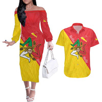 Personalized Italy Sicily Couples Matching Off The Shoulder Long Sleeve Dress and Hawaiian Shirt Sicilia Gorgoneion with Triskeles