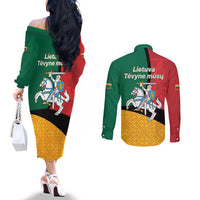 Lithuania Statehood Day July 6 Couples Matching Off The Shoulder Long Sleeve Dress and Long Sleeve Button Shirt Lietuva Tevyne musu