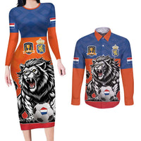 Netherlands Football Couples Matching Long Sleeve Bodycon Dress and Long Sleeve Button Shirt Oranje Lion Go Champion