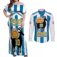 Personalized Argentina 10 Goat Couples Matching Off Shoulder Maxi Dress and Long Sleeve Button Shirt Greatest Of All Time Sporty Style