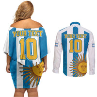 Personalized Argentina 10 Goat Couples Matching Off Shoulder Short Dress and Long Sleeve Button Shirt Greatest Of All Time Sporty Style