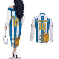 Personalized Argentina 10 Goat Couples Matching Off The Shoulder Long Sleeve Dress and Long Sleeve Button Shirt Greatest Of All Time Sporty Style