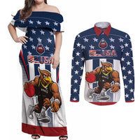 Custom United States Basketball Couples Matching Off Shoulder Maxi Dress and Long Sleeve Button Shirt USA Eagle Mascot Style