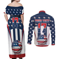 Custom United States Basketball Couples Matching Off Shoulder Maxi Dress and Long Sleeve Button Shirt USA Eagle Mascot Style