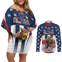 Custom United States Basketball Couples Matching Off Shoulder Short Dress and Long Sleeve Button Shirt USA Eagle Mascot Style