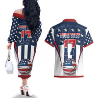 Custom United States Basketball Couples Matching Off The Shoulder Long Sleeve Dress and Hawaiian Shirt USA Eagle Mascot Style