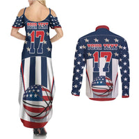 Custom United States Basketball Couples Matching Summer Maxi Dress and Long Sleeve Button Shirt USA Eagle Mascot Style