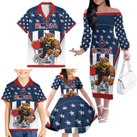 Custom United States Basketball Family Matching Off The Shoulder Long Sleeve Dress and Hawaiian Shirt USA Eagle Mascot Style