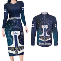 Personalized Finland Drakkar Vikings Couples Matching Long Sleeve Bodycon Dress and Long Sleeve Button Shirt Suomi Flag Viking Thor Runes