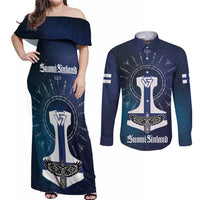 Personalized Finland Drakkar Vikings Couples Matching Off Shoulder Maxi Dress and Long Sleeve Button Shirt Suomi Flag Viking Thor Runes