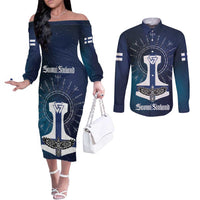 Personalized Finland Drakkar Vikings Couples Matching Off The Shoulder Long Sleeve Dress and Long Sleeve Button Shirt Suomi Flag Viking Thor Runes