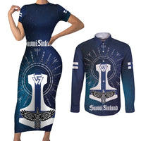 Personalized Finland Drakkar Vikings Couples Matching Short Sleeve Bodycon Dress and Long Sleeve Button Shirt Suomi Flag Viking Thor Runes