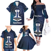 Personalized Finland Drakkar Vikings Family Matching Off The Shoulder Long Sleeve Dress and Hawaiian Shirt Suomi Flag Viking Thor Runes
