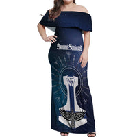 Personalized Finland Drakkar Vikings Off Shoulder Maxi Dress Suomi Flag Viking Thor Runes