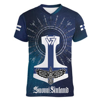Personalized Finland Drakkar Vikings Women V-Neck T-Shirt Suomi Flag Viking Thor Runes