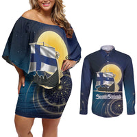 Personalized Finland Drakkar Vikings Couples Matching Off Shoulder Short Dress and Long Sleeve Button Shirt Longships with Vegvisir