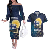 Personalized Finland Drakkar Vikings Couples Matching Off The Shoulder Long Sleeve Dress and Hawaiian Shirt Longships with Vegvisir