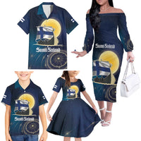 Personalized Finland Drakkar Vikings Family Matching Off The Shoulder Long Sleeve Dress and Hawaiian Shirt Longships with Vegvisir