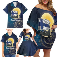 Personalized Finland Drakkar Vikings Family Matching Off Shoulder Short Dress and Hawaiian Shirt Longships with Vegvisir