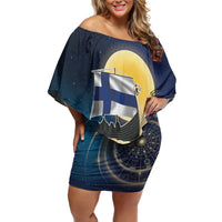 Personalized Finland Drakkar Vikings Off Shoulder Short Dress Longships with Vegvisir