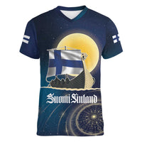 Personalized Finland Drakkar Vikings Women V-Neck T-Shirt Longships with Vegvisir