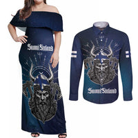 Personalized Finland Drakkar Vikings Couples Matching Off Shoulder Maxi Dress and Long Sleeve Button Shirt Suomi Viking Warrior