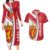 Personalized Norway Coat of Arms Couples Matching Long Sleeve Bodycon Dress and Hawaiian Shirt Golden Lion