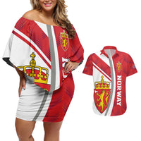 Personalized Norway Coat of Arms Couples Matching Off Shoulder Short Dress and Hawaiian Shirt Golden Lion