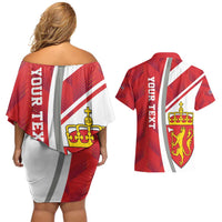 Personalized Norway Coat of Arms Couples Matching Off Shoulder Short Dress and Hawaiian Shirt Golden Lion