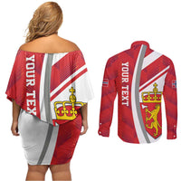 Personalized Norway Coat of Arms Couples Matching Off Shoulder Short Dress and Long Sleeve Button Shirt Golden Lion