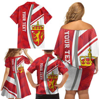 Personalized Norway Coat of Arms Family Matching Off Shoulder Short Dress and Hawaiian Shirt Golden Lion