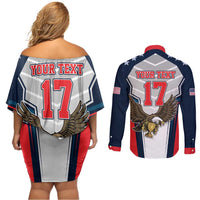 Custom United States Cricket Couples Matching Off Shoulder Short Dress and Long Sleeve Button Shirt USA Go Champions and Eagle Mascot Style