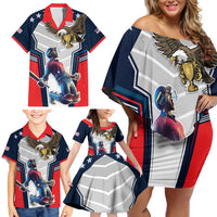 Custom United States Cricket Family Matching Off Shoulder Short Dress and Hawaiian Shirt USA Go Champions and Eagle Mascot Style