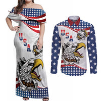 Custom United States Soccer Couples Matching Off Shoulder Maxi Dress and Long Sleeve Button Shirt USA Eagle Mascot Style