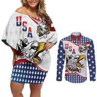 Custom United States Soccer Couples Matching Off Shoulder Short Dress and Long Sleeve Button Shirt USA Eagle Mascot Style