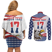 Custom United States Soccer Couples Matching Off Shoulder Short Dress and Long Sleeve Button Shirt USA Eagle Mascot Style