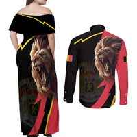 Belgium Coat of Arms Couples Matching Off Shoulder Maxi Dress and Long Sleeve Button Shirt Angry Lion