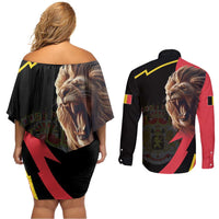 Belgium Coat of Arms Couples Matching Off Shoulder Short Dress and Long Sleeve Button Shirt Angry Lion
