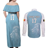 Custom Belgium Football We are Champions Couples Matching Off Shoulder Maxi Dress and Long Sleeve Button Shirt Blue Style Come on De Rode Duivels
