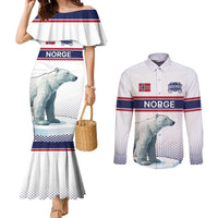 Norway Ice Hockey Custom Couples Matching Mermaid Dress and Long Sleeve Button Shirt Norge Polar Bears White Style