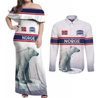 Norway Ice Hockey Custom Couples Matching Off Shoulder Maxi Dress and Long Sleeve Button Shirt Norge Polar Bears White Style