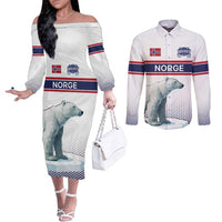 Norway Ice Hockey Custom Couples Matching Off The Shoulder Long Sleeve Dress and Long Sleeve Button Shirt Norge Polar Bears White Style