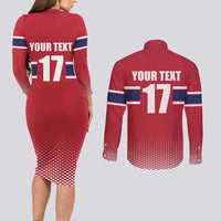 Norway Ice Hockey Custom Couples Matching Long Sleeve Bodycon Dress and Long Sleeve Button Shirt Norge Polar Bears Red Style