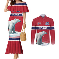 Norway Ice Hockey Custom Couples Matching Mermaid Dress and Long Sleeve Button Shirt Norge Polar Bears Red Style