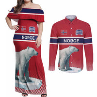 Norway Ice Hockey Custom Couples Matching Off Shoulder Maxi Dress and Long Sleeve Button Shirt Norge Polar Bears Red Style
