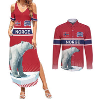 Norway Ice Hockey Custom Couples Matching Summer Maxi Dress and Long Sleeve Button Shirt Norge Polar Bears Red Style