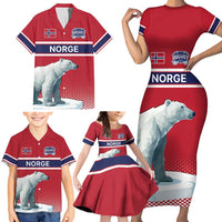 Norway Ice Hockey Custom Family Matching Short Sleeve Bodycon Dress and Hawaiian Shirt Norge Polar Bears Red Style