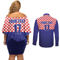 Custom Croatia Football Couples Matching Off Shoulder Short Dress and Long Sleeve Button Shirt Sporty Style