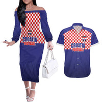 Custom Croatia Football Couples Matching Off The Shoulder Long Sleeve Dress and Hawaiian Shirt Sporty Style